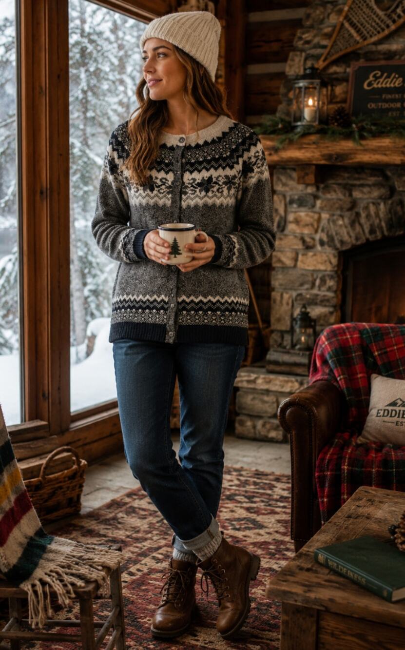 Eddie Bauer Vintage Fair Isle Fisherman Nomadic Print Lambswool Winter Cardigan